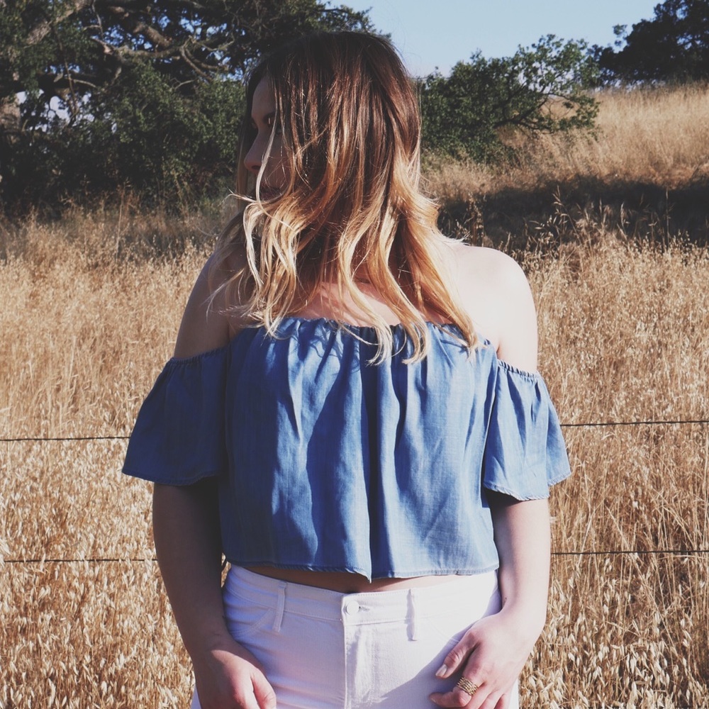 Guess A Line Corset Chambray Denim Crop Top